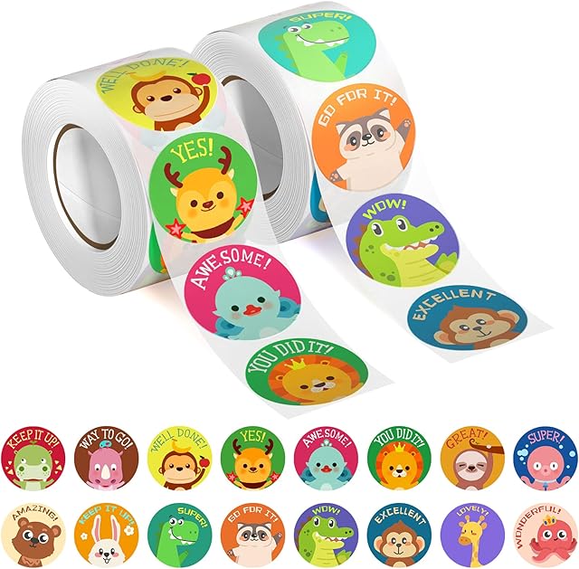 1000 PCS Motivational Stickers for Kids,16 Animals Cartoon Designs,Encouraging Stickers,Teacher Rewards Stickers,Incentive Stickers,potty training Stickers, Animal Stickers,(500 pieces per roll)