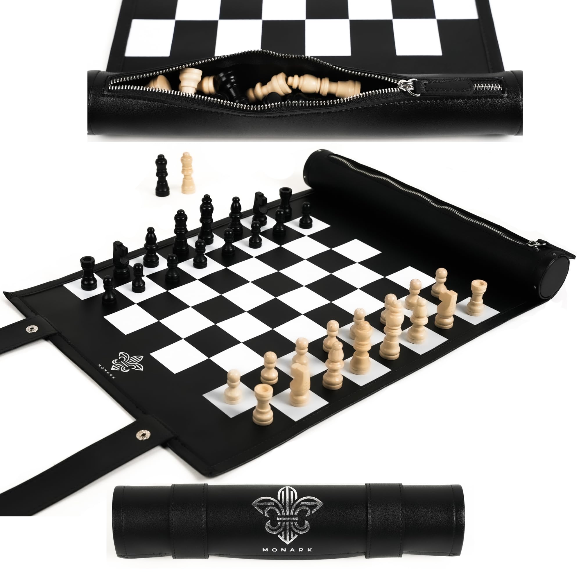 MONARK – Jeu d’échecs de Voyage Pliable en Cuir, échiquier Souple 35 cm, pièces en Bois, Set Portable Premium avec Trousse intégrée, Fabrication Artisanale, 2 Reines incluses