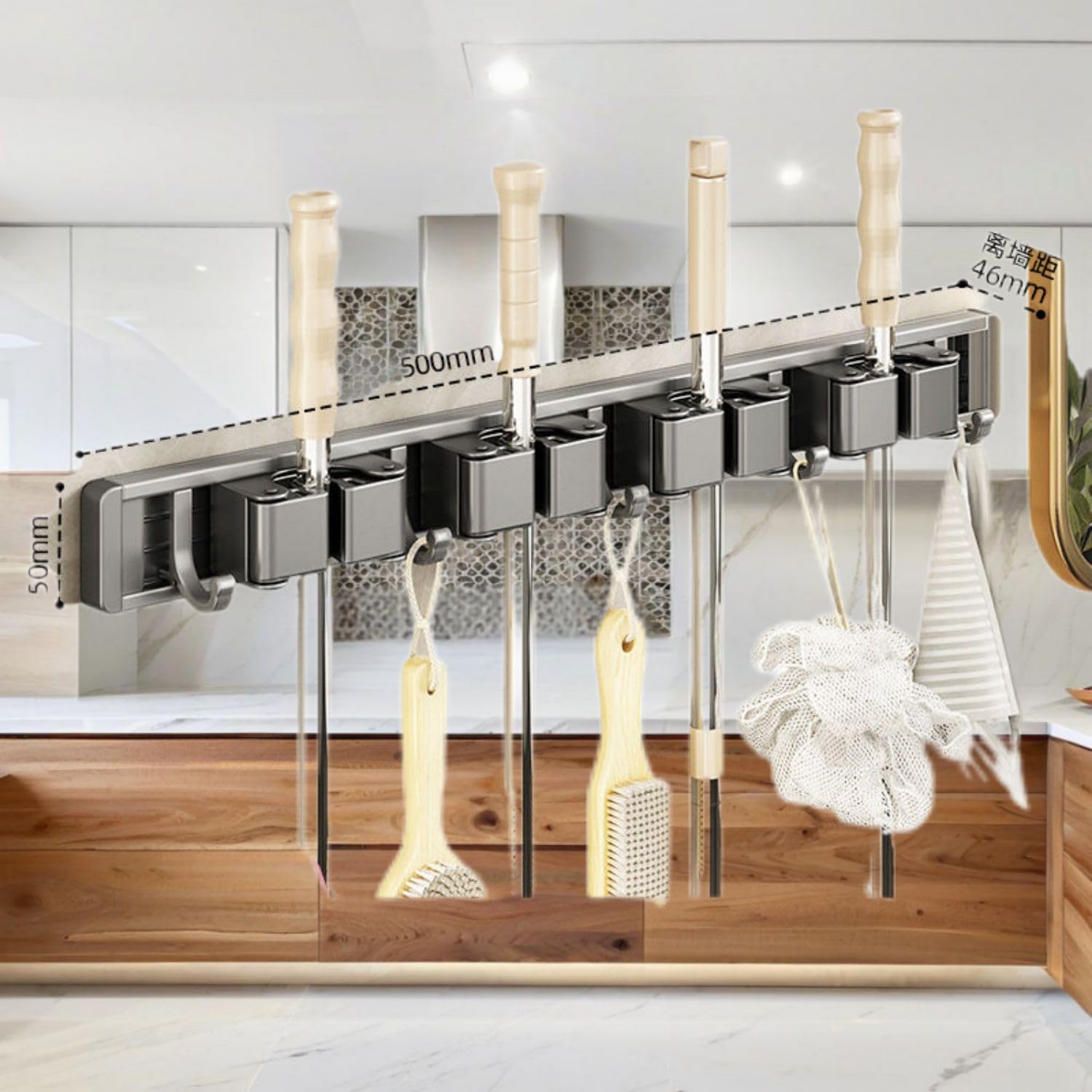 灰拖把壁挂夹移动挂钩免打孔浴室卫生间收纳神器墙上扫把固定架 KCookware Accessories - 1575