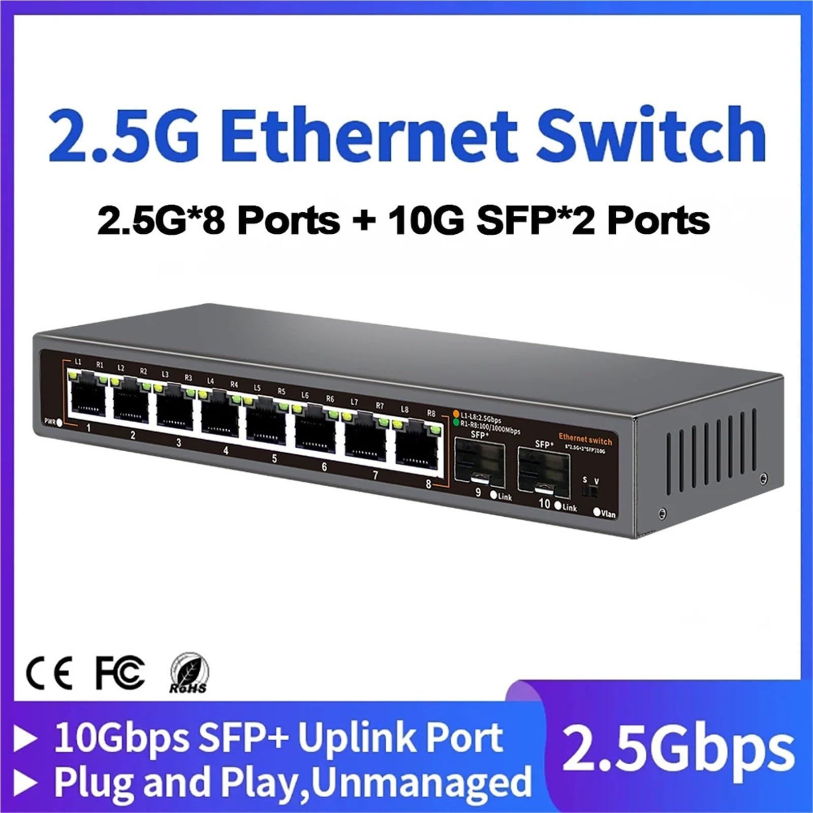 Switch Ethernet a 8 porte 2.5G Nessuno switch di rete POE con 2 porte SFP 10G per sicurezza telecamera IP/CCTV (spina USA)