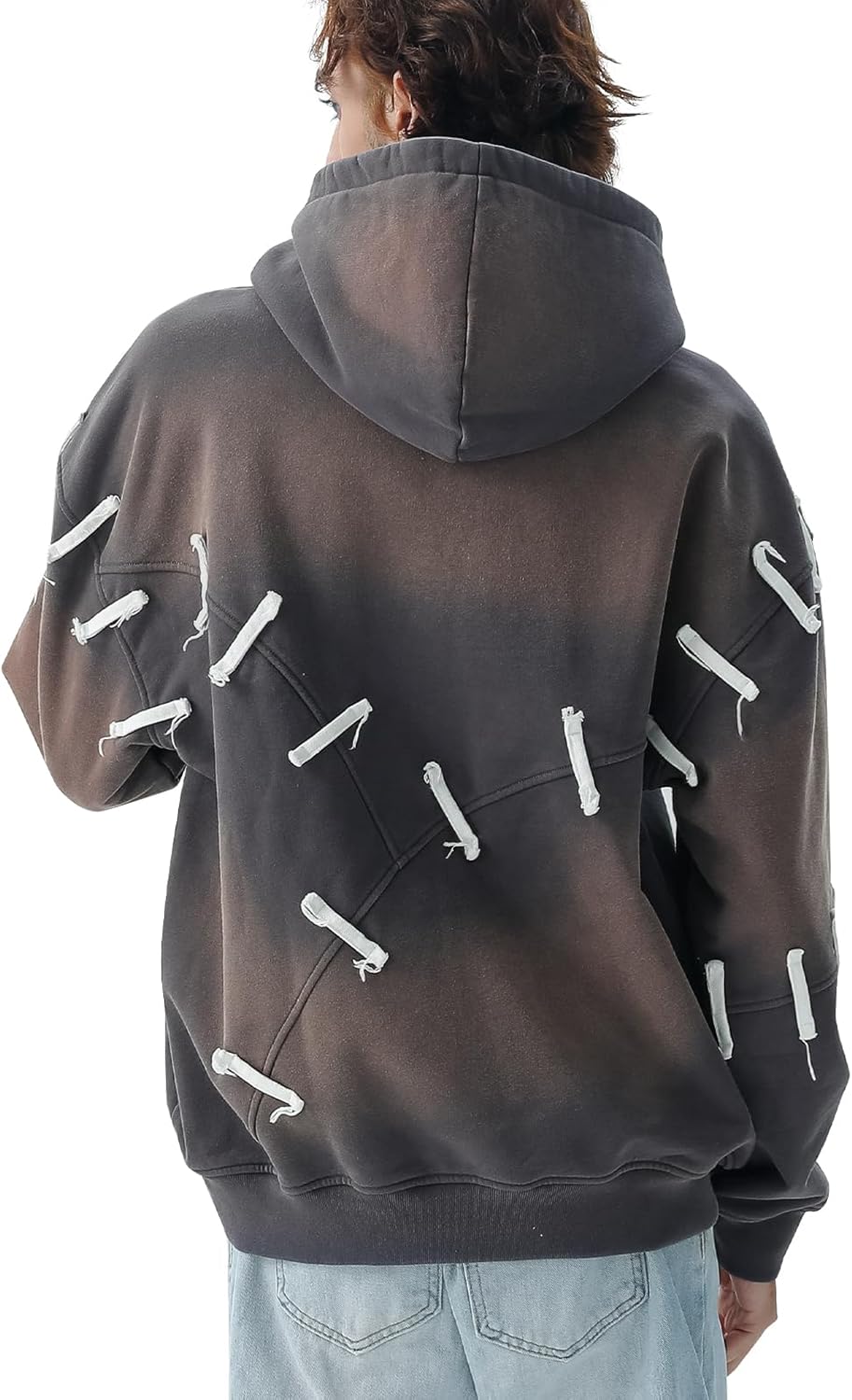 JCARSON Grunge Mens Hoodie Distressed Washed Repair Patch Hooded Sweatshirt Vintage Streetwear Oversized Pullover