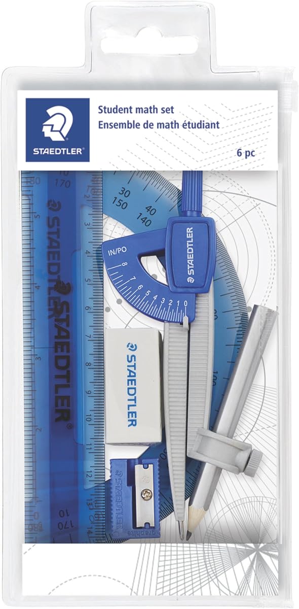 Student Math Set - Essential School Supplies with 6-Piece - Compass, 6in Ruler, 180° Protractor, Pencil, Eraser & Sharpener in Zippered Storage Pouch