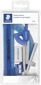 STAEDTLER Student Math Set - Essential School Supplies with 6-Piece - Compass, 6in Ruler, 180 Protractor, Pencil, Eraser & Sharpener in Zippered Storage Pouch