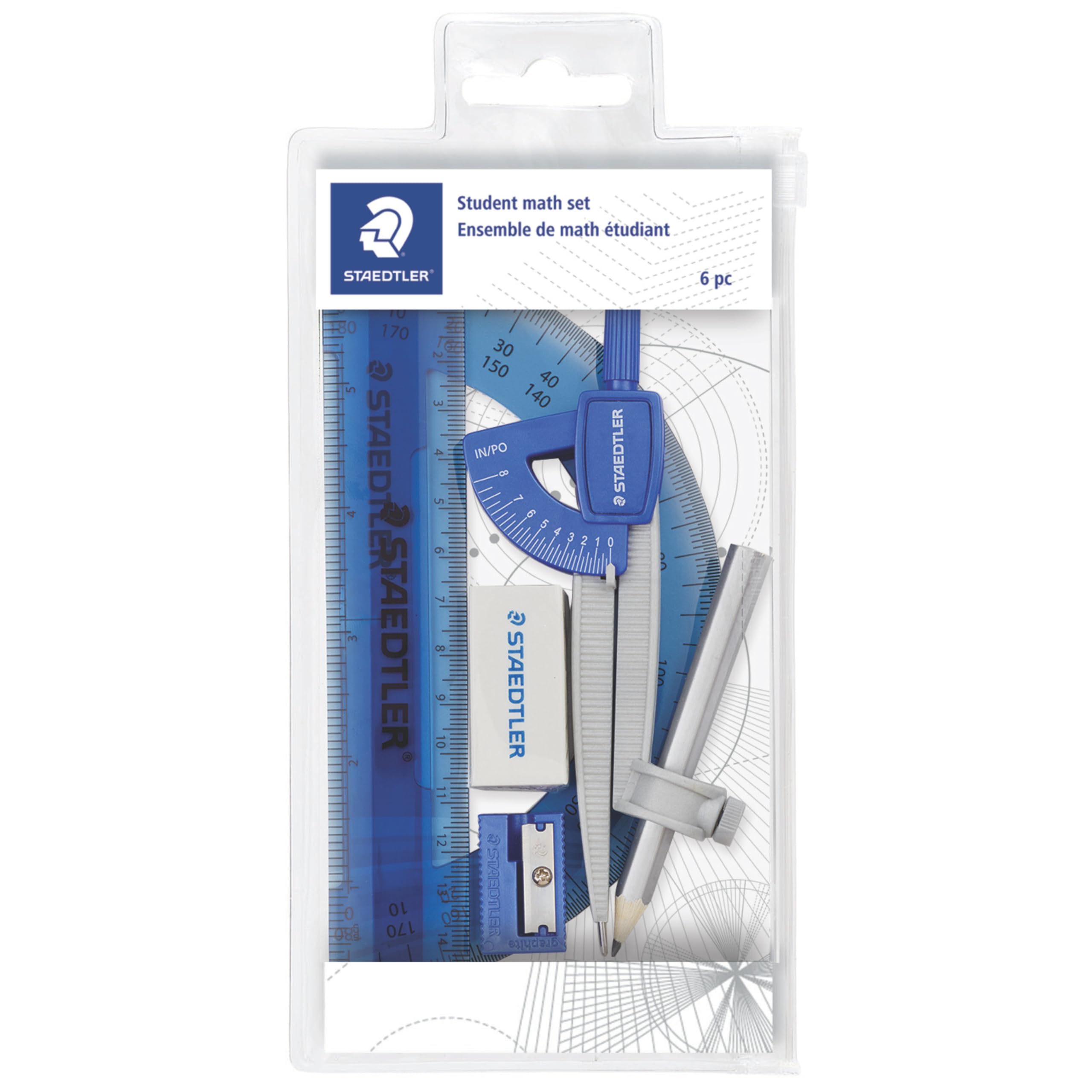 STAEDTLER Student Math Set - Essential School Supplies with 6-Piece - Compass, 6in Ruler, 180° Protractor, Pencil, Eraser & Sharpener in Zippered