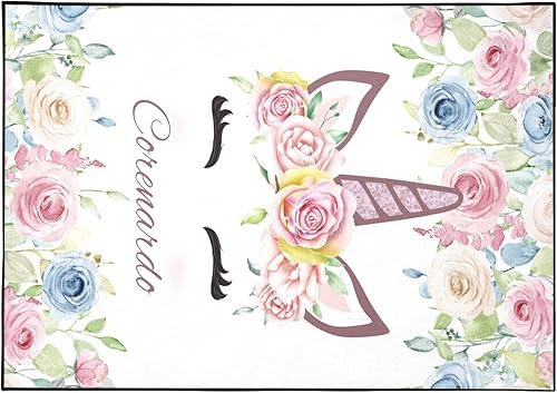 Alfombra antideslizante personalizada con nombre, diseño de unicornio y rosas azules y rosadas, 4 x 5.2 pies, para dormitorio, niña, sala de estar,