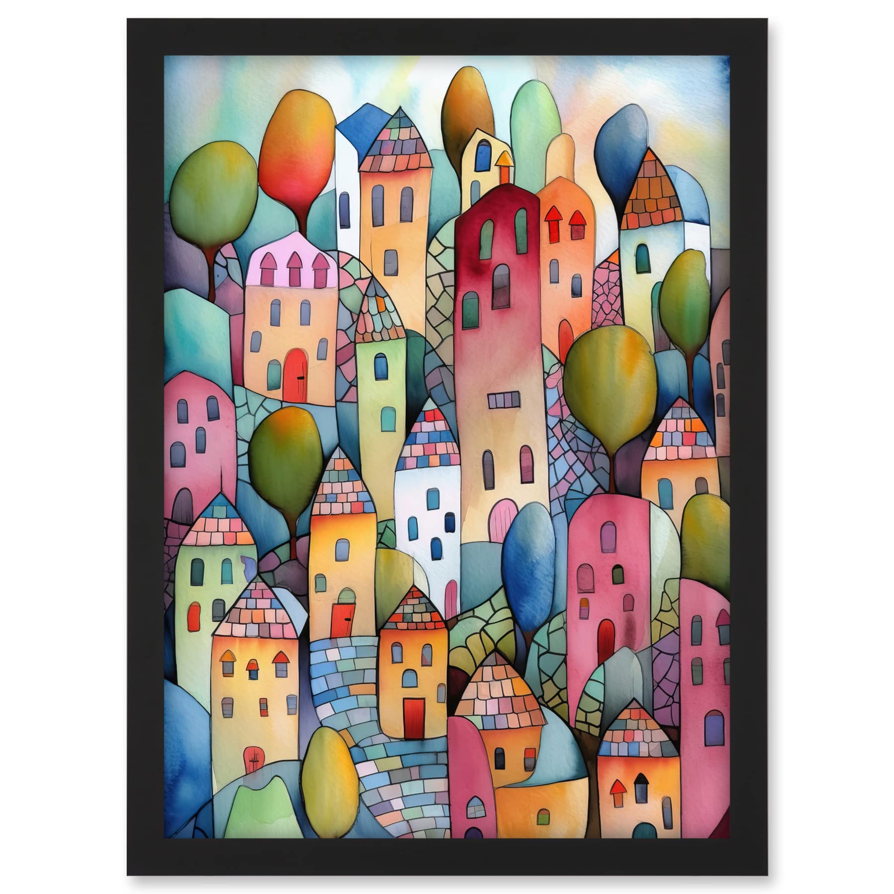 Artery8 Village On The Hill Cobble Streets Folk Art Artwork Framed A3 Wall Art Print