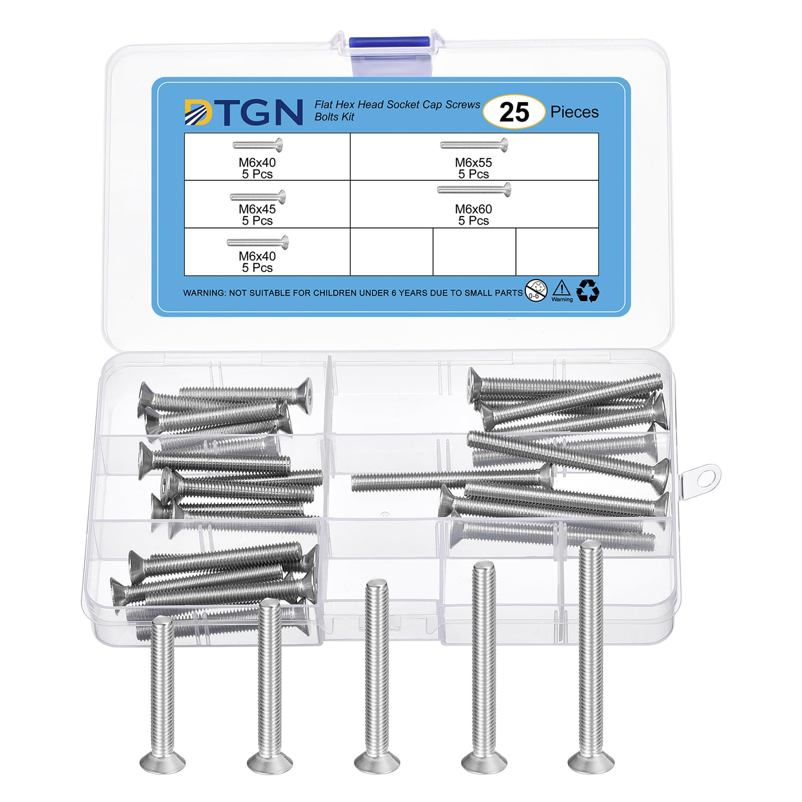 DTGN 25Pcs M6 x 40mm /45mm /50mm /55mm/ 60mm Flat Head Hex Socket Cap Screws Bolts Kit, 304 Stainless Steel, Full Thread