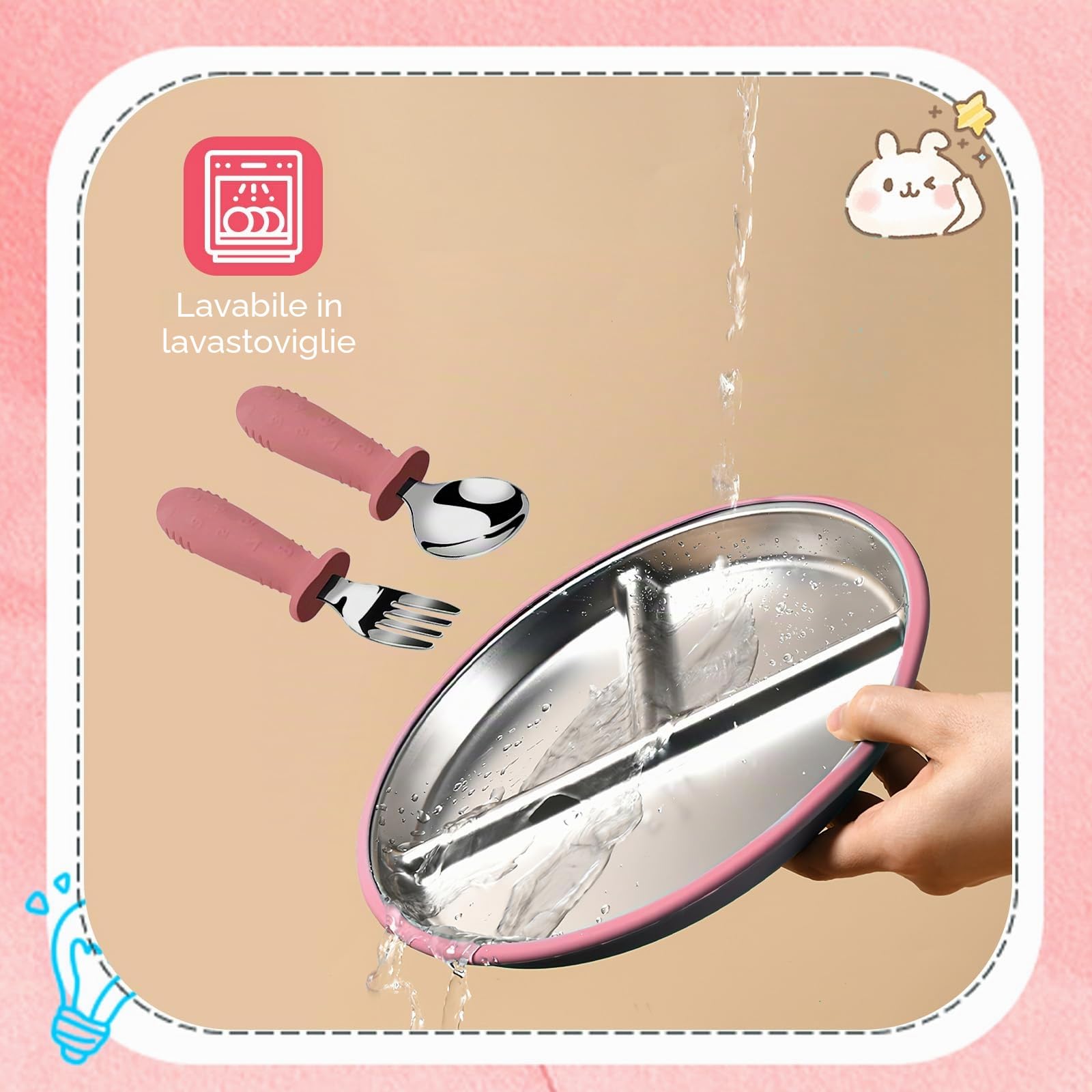 Set Piatto Svezzamento con Ventosa – Piatto Bambini in Acciaio Inox 304 e Silicone, Posate per Autoalimentazione BLW, Lavabile in Lavastoviglie, Antiscivolo, Senza BPA, Dai 6 Mesi