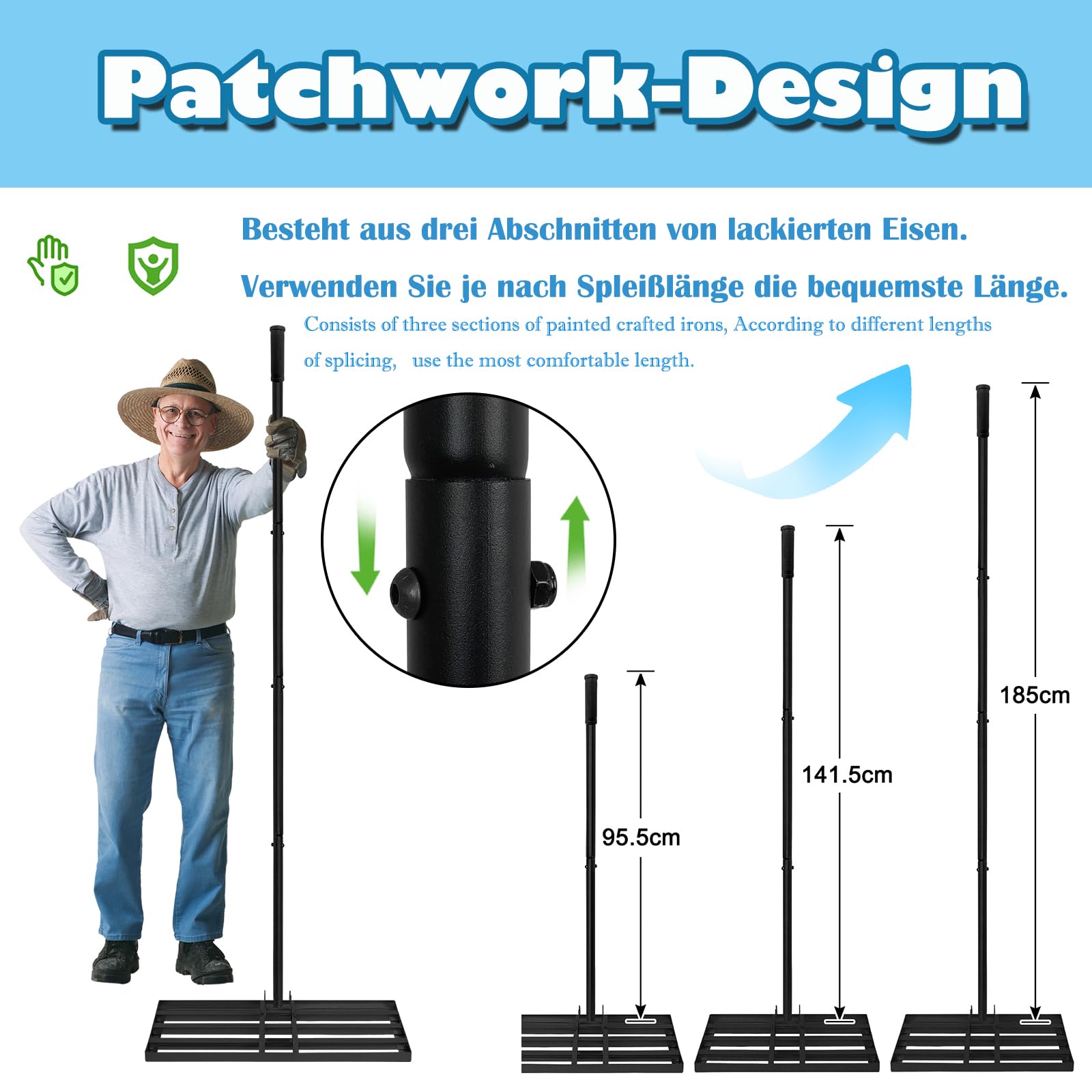 LZQ Raschietto per prato in metallo, con manico antiscivolo in PVC, 185 cm, 25 x 50 cm