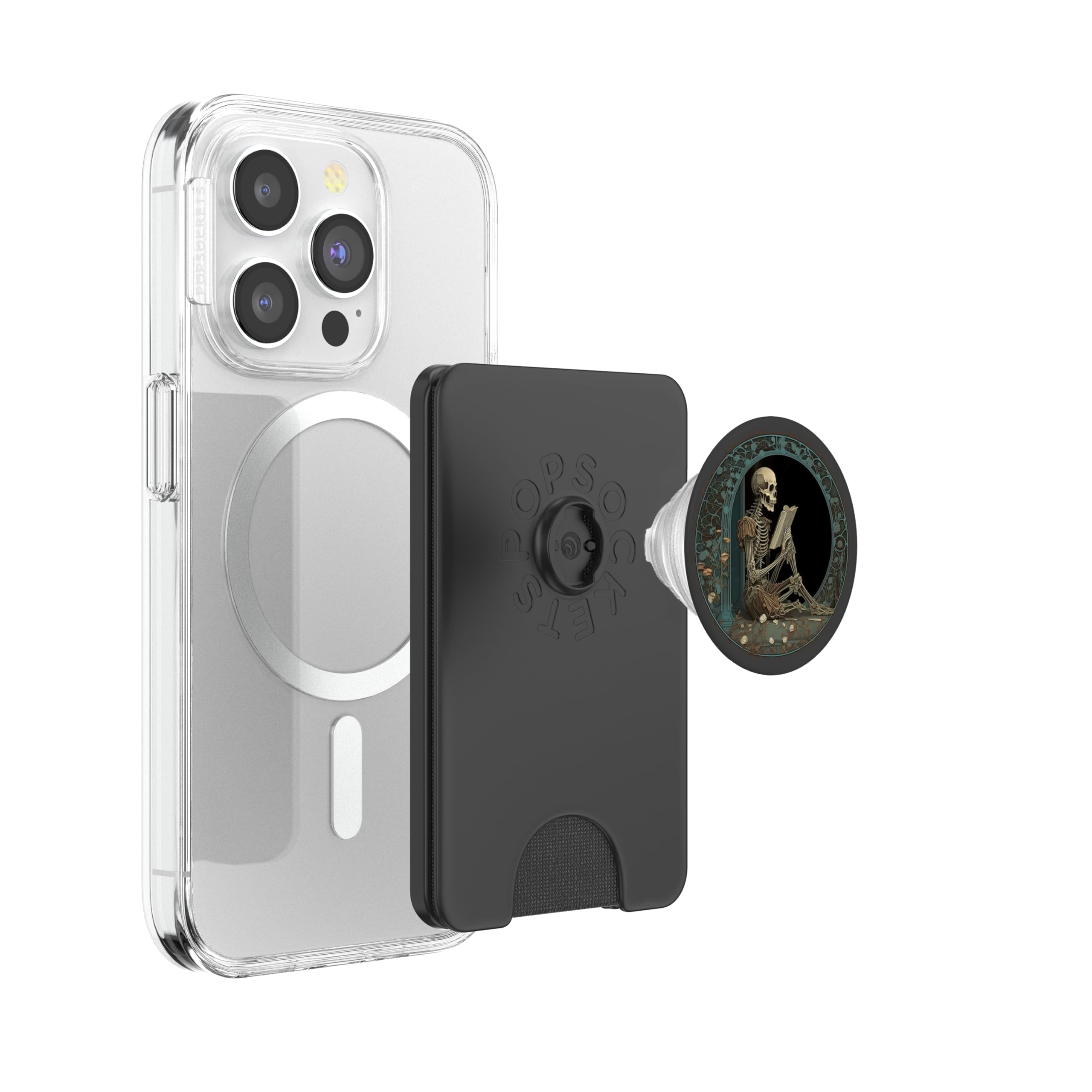 Cute & Creepy Book Lover Goth Skull Design Co Librarian Skeleton Gothic Goth Book Reading Lover PopSocket for Smartphones with Smooth, Hard, Plastic Cases - Black: Magnetic PopWallet