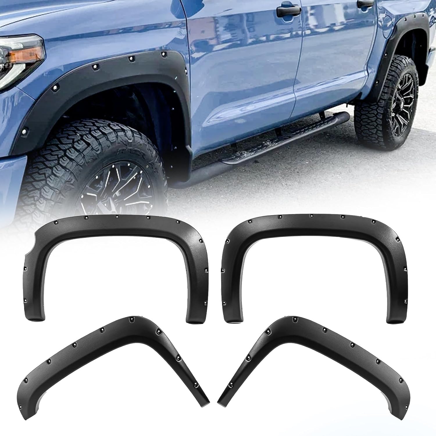 KAX Fender Flare Kit, Compatible With Chevy 2007-2013 Sil-ver-ado 78.0" / 96.0" Short Bed, Textured Matte Black Pocket Rivet Style Wheel Flares Set, 4 PCS For 07-13 Silverado 1500