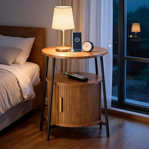 Miniatura 6 de Mesas auxiliares con almacenamiento, mesita de noche acanalada con estación de carga, pequeñas mesas de noche modernas de mediados de siglo, mesa