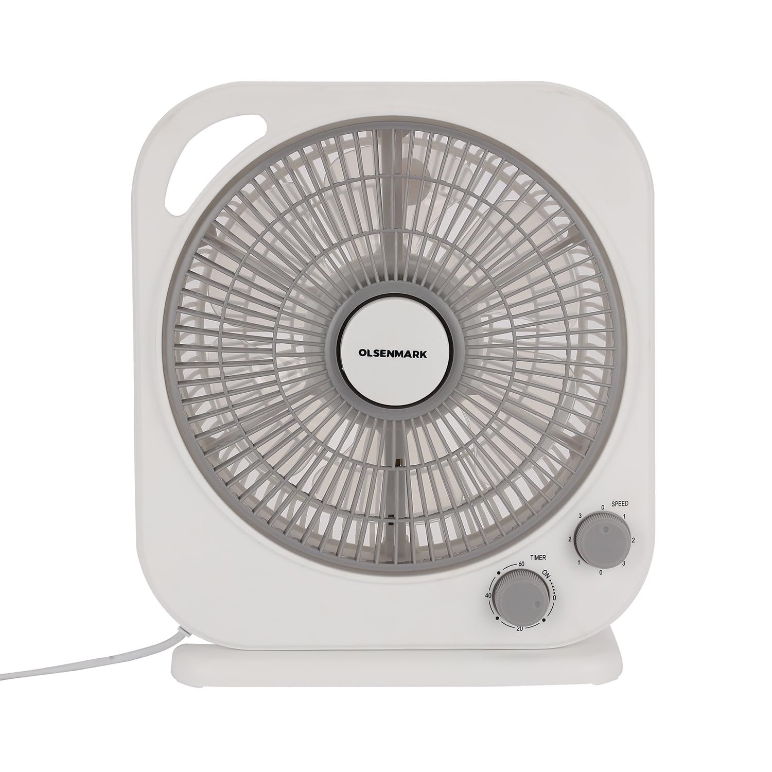 Olsenmark 10" Box Fan- OMF1867, High Performance with 3-Speed Controls and 6 PP Leaf Blades/Efficient Cooling and Wind, 60 Minute Timer, 50W Motor
