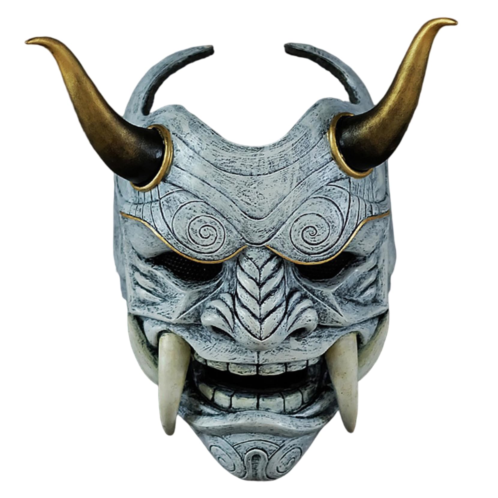 Wxyestna Oni Mask, Scary Full Face Samurai Mask with Fangs and Ox Horn, 11x9.5 for Halloween, Cosplay