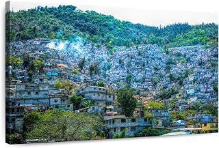 ElephantStock - Port-au-prince Hillside Homes Wall Art - Horizontal Canvas Wall Art - Hallway Wall Decor - Photography Places Canvas Art - Green And Blue Decor - 24" x 16"