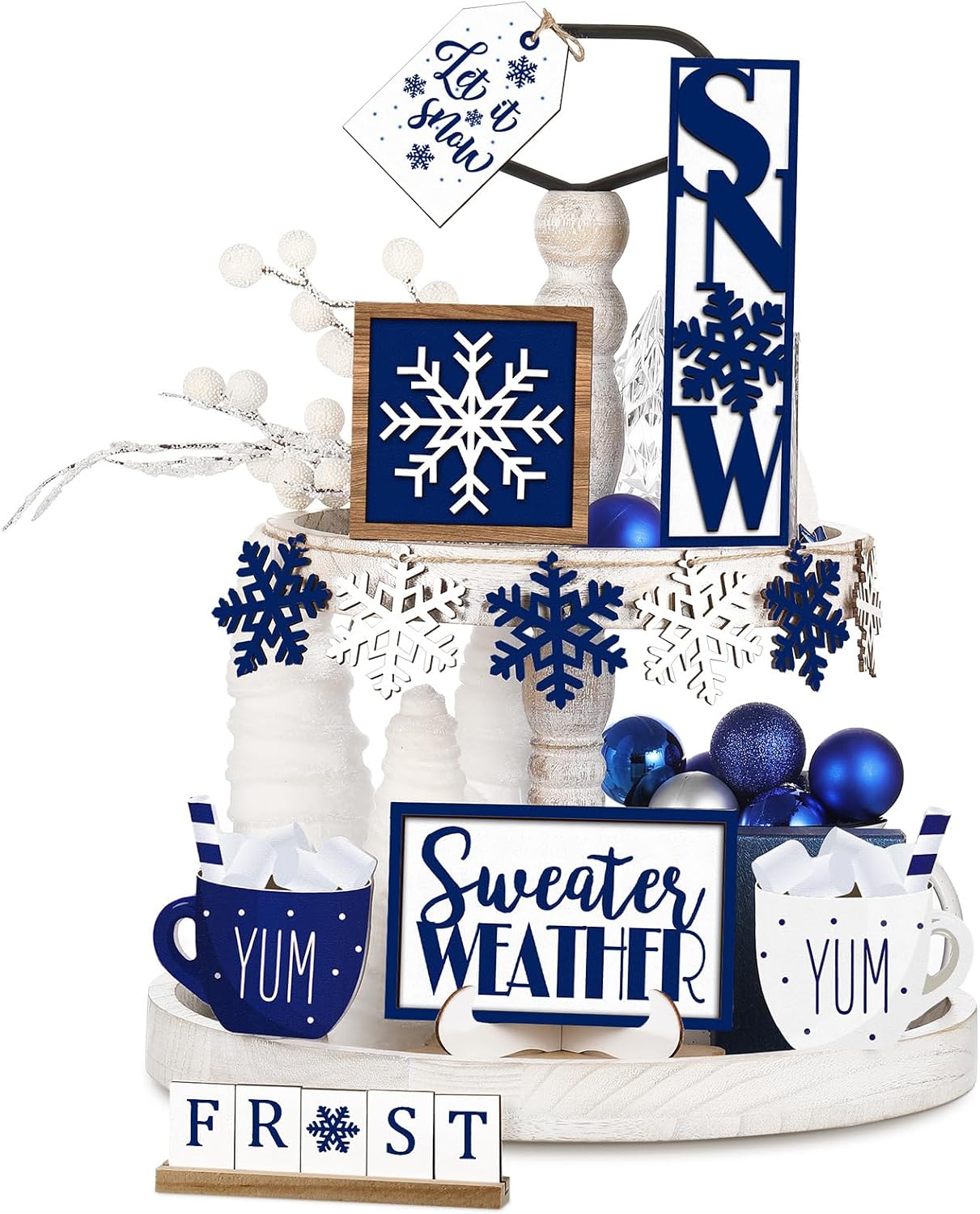Jetec 12 Pieces Winter Tiered Tray Decor Set Snowflake Wooden Sign Let It Snow Table Decorations Farmhouse Coffee Bar Signs Tray Decor for Home Kitchen Tabletop(Blue)