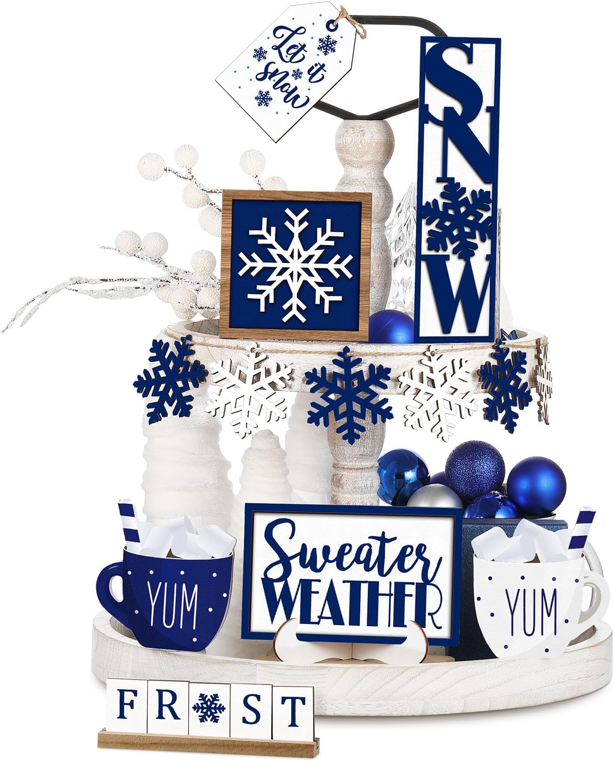 Jetec 12 Pieces Winter Tiered Tray Decor Set Snowflake Wooden Sign Let It Snow Table Decorations Farmhouse Coffee Bar Signs Tray Decor for Home Kitchen Tabletop(Blue)