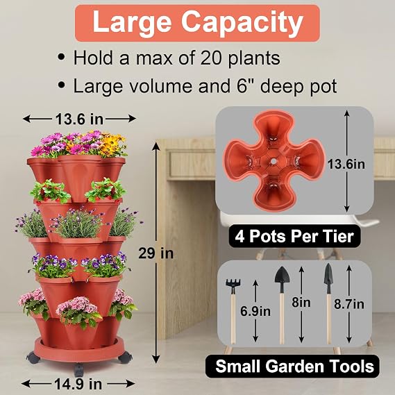DUNCHATY Stackable Planters 5 Tier Vertical Garden Planting Tower Planters Strawberry, Herb, Flower, and Vegetable Planter Indoor Outdoor Gardening Pots with Removable Wheels and Tools, 2 Bundle