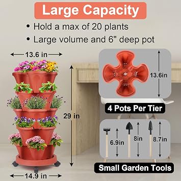 DUNCHATY Stackable Planters 5 Tier Vertical Garden Planting Tower Planters Strawberry, Herb, Flower, and Vegetable Planter Indoor Outdoor Gardening Pots with Removable Wheels and Tools, 2 Bundle