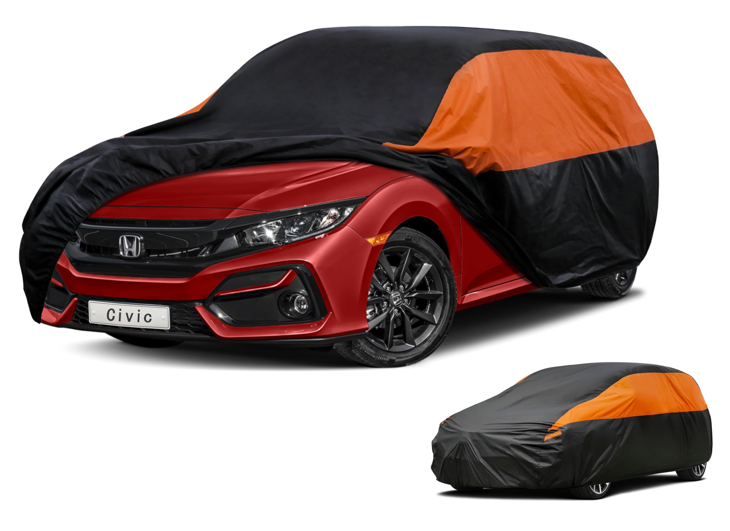 GUNHYI Waterproof Lightweight Full Car Cover Custom Fit Civic Hatchback | All‑weather Outdoor sun/rain/dust/snow/wind/UV protection, breathable tear‑resistant fabric, black‑orange design,storage bag