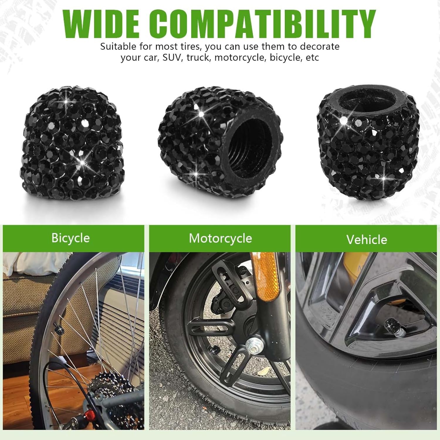 10 Pack Handmade Crystal Rhinestone Tire Valve Stem Air Caps Covers Bling Crystal Diamond Dustproof Car Accessories Universal Trucks Motorcycles SUVs Bikes (Black)