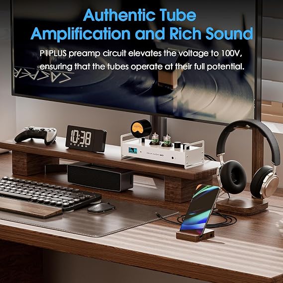 Douk Audio 2 قناة مضخم أنبوب صمام بلوتوث، مضخم سماعة رأس Hi-Fi، بطاقة صوت USB DAC للكمبيوتر الشخصي، مضخم صوت لاسلكي مع مقياس VU، بصري، محوري، APTX، LDAC، DSD256، جهاز تحكم عن بعد