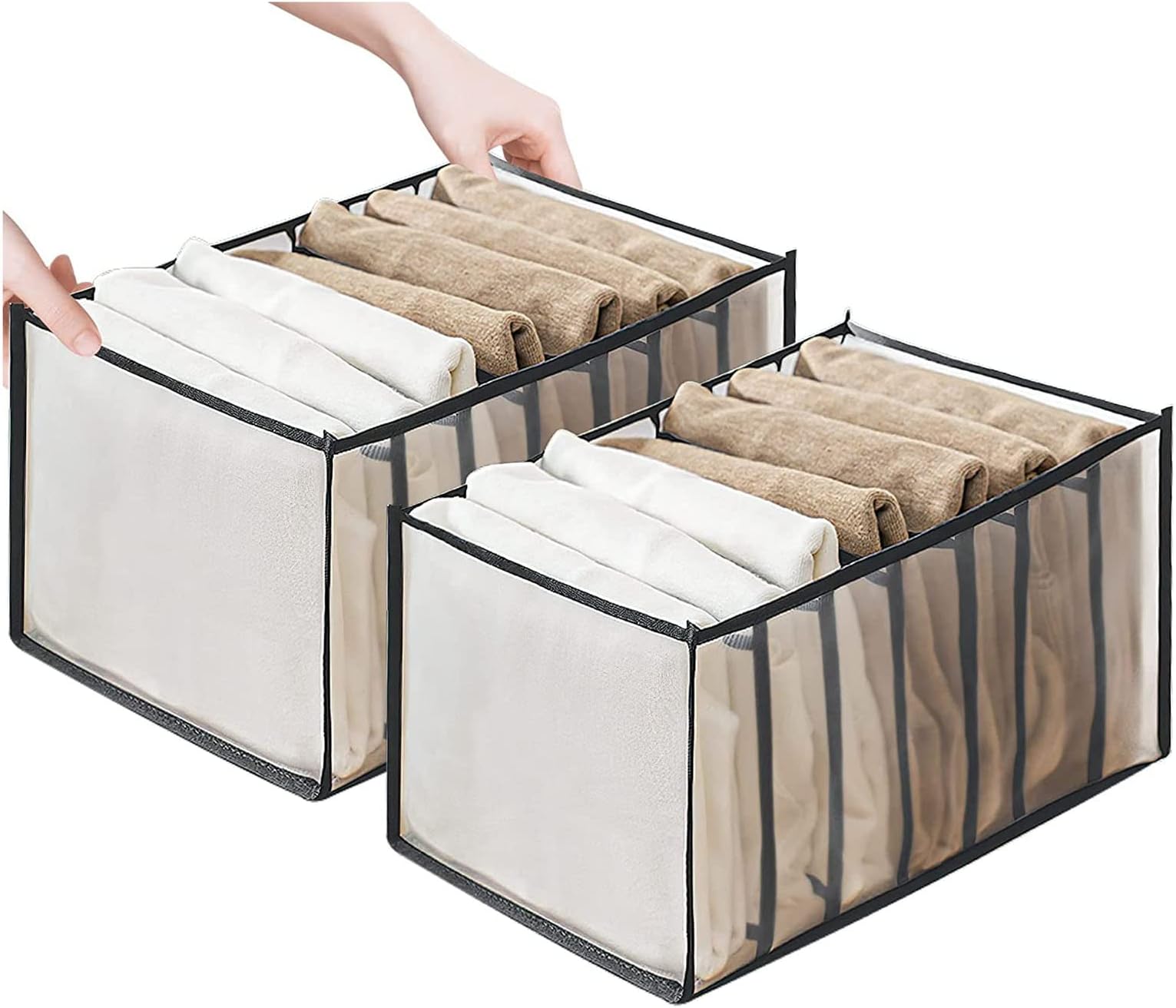 2 Pack Pants Drawer Organizer Divider Underwear Organizer, 7 Cells Jeans Compartment Storage Foldable Closet Cabinet Organizer Underwear Mesh Storage Boxes for Socks, Handkerchiefs, Belts, Black
