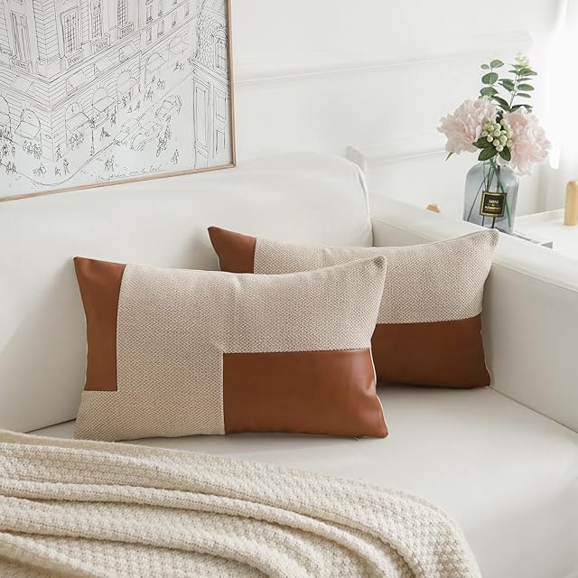 FabThing Set 0f 2 Oblong Cushion Covers Decorative Faux Leather Throw Pillows Covers Rectangle Pillow Cases Linen Soft Coach Sofa Chair Home 12x20 Inches Light Brown