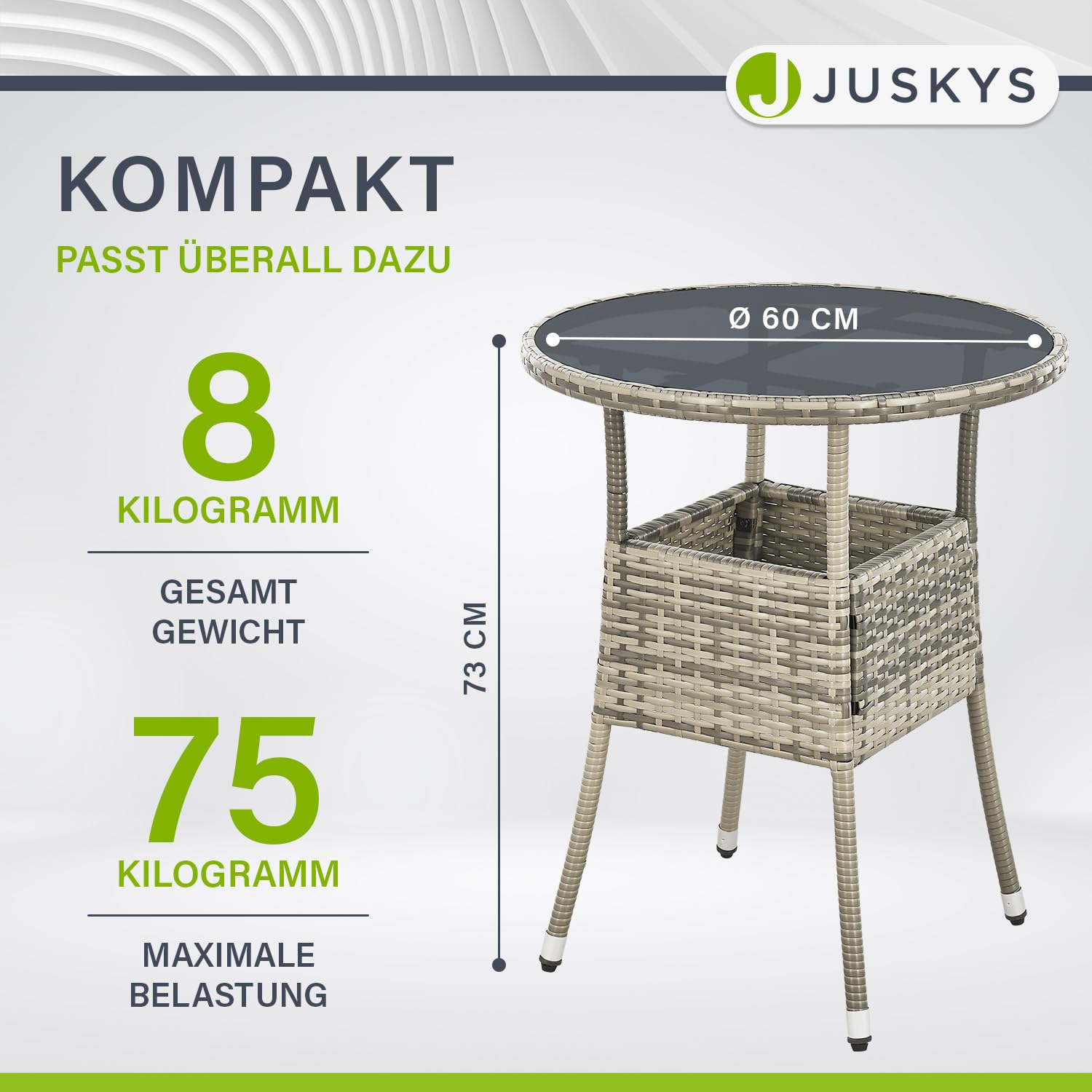 Juskys Polyrattan Gartentisch Yoro wetterfest - Balkontisch Ø 60 cm rund - Rattan Beistelltisch mit Glasplatte - Kleiner Tisch für Balkon - Grau