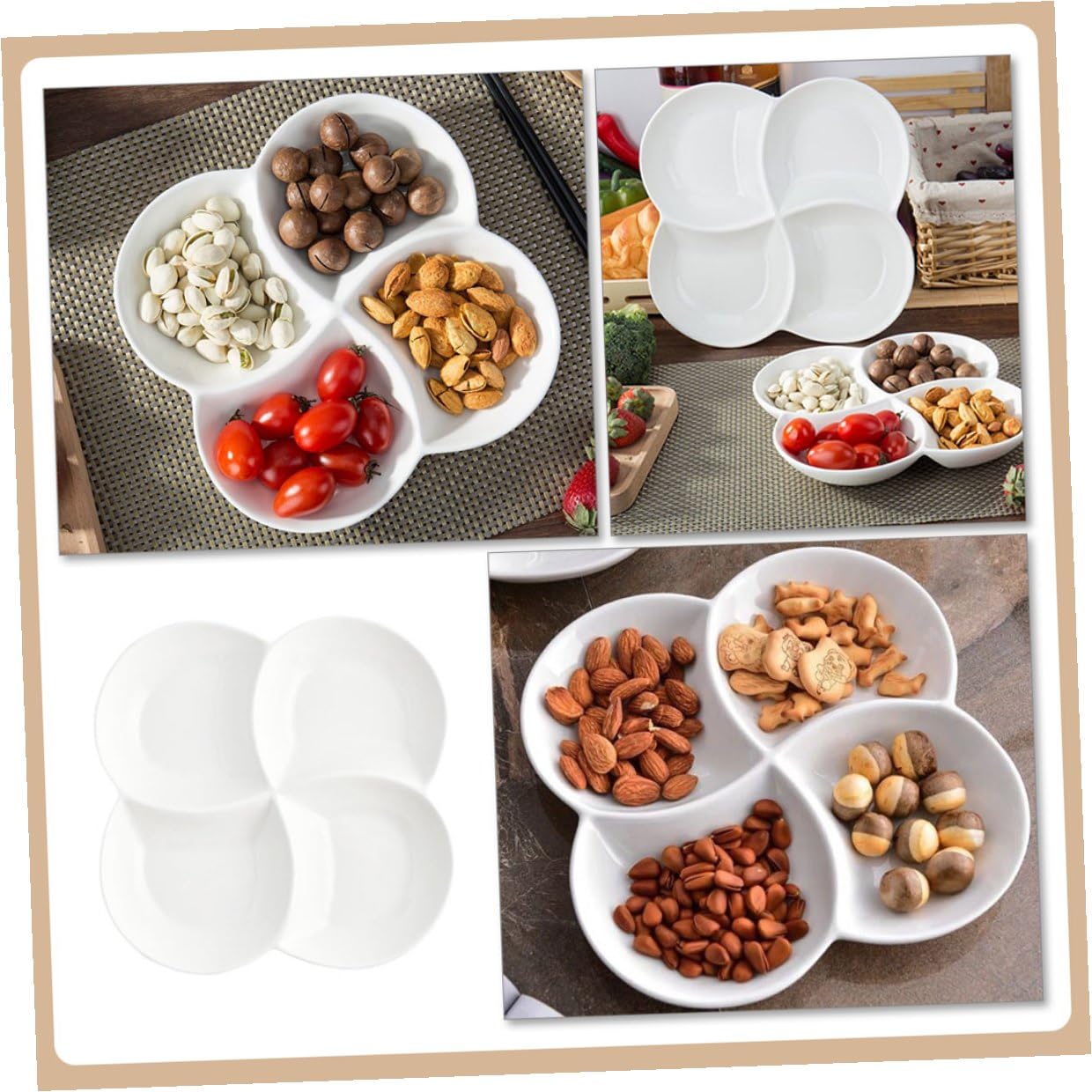 Plato de Comida Compartimentos de Cerámica Blanco 4 Piezas