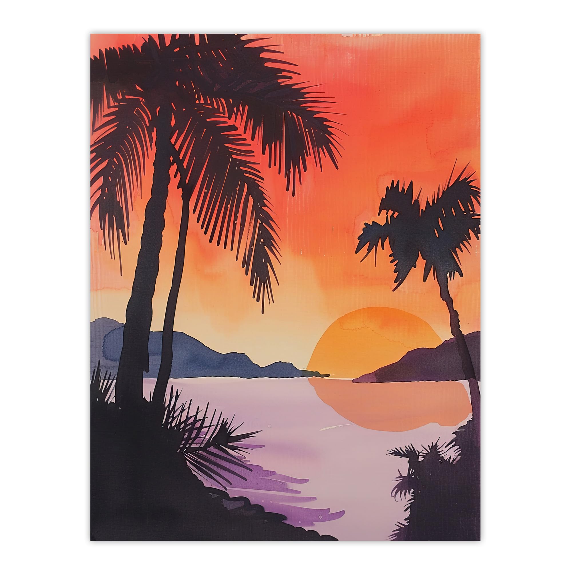 Artery8 Hawaii Sunset Beach Cove Palm Trees Watercolour Living Room Large Wall Art Poster Print Thick Paper 18X24 Inch