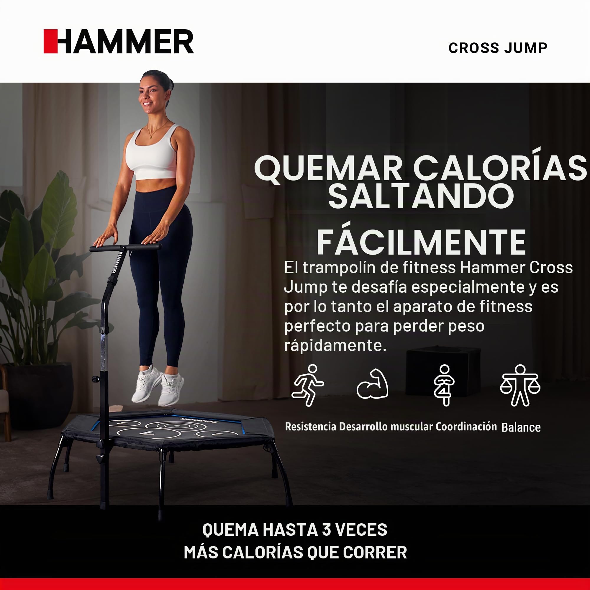 Hammer - Trampolín de fitness Cross Jump, superficie de salto de 98 cm, tecnología patentada, mango ajustable en varias alturas, potente, hasta 130 kg de peso del usuario