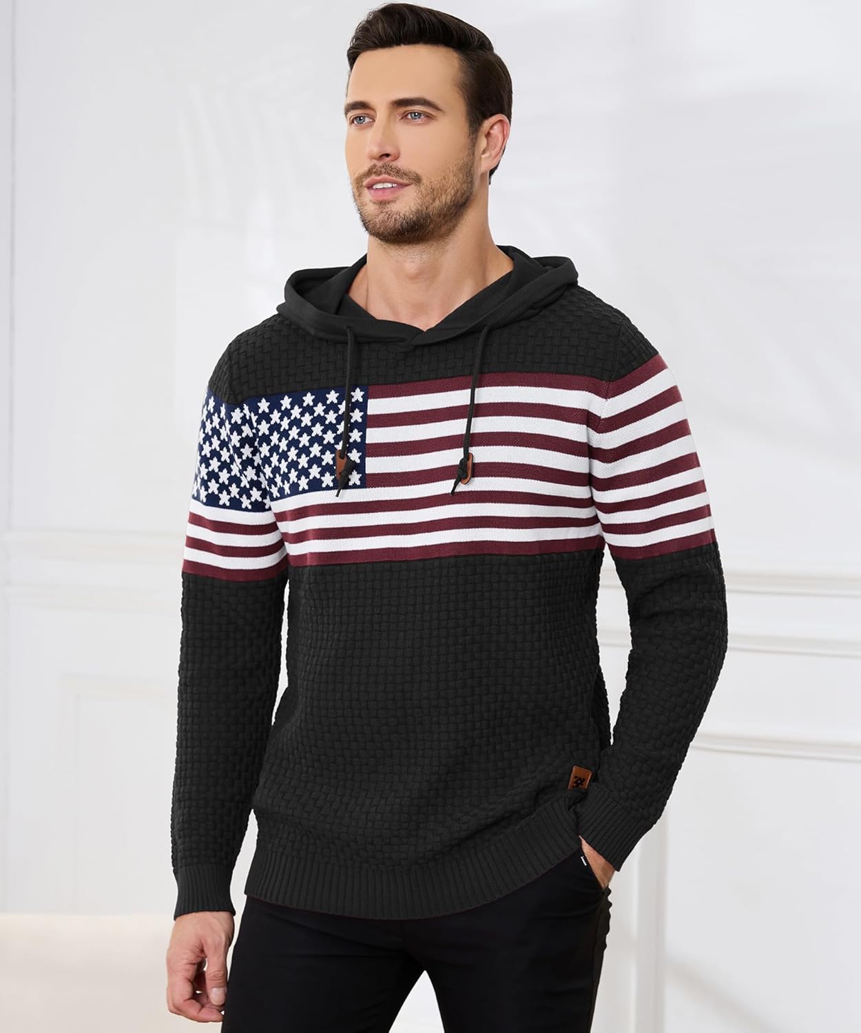 Zaitun Mens Hooded Sweatshirt Long Sleeve American Flag Knitted Hoodie Pullover Sweater - Image 2
