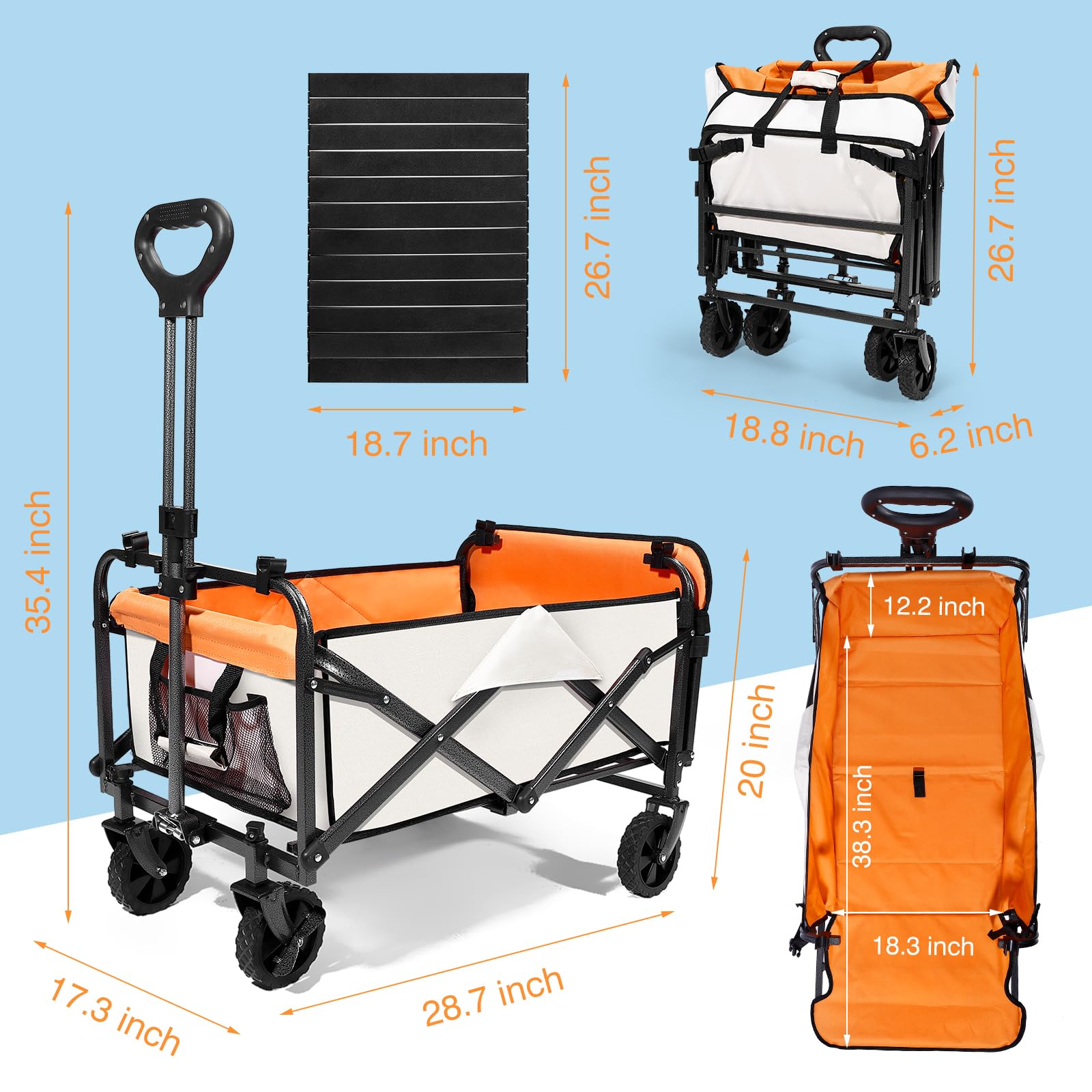 Collapsible Wagon Cart, 300Lbs Capacity Foldable Travel Cart, Camping Wagon with Tabletop, Cup Holders,Stoppable Wheels for Outdoor, Camping, Garden, Sports, Picnic, Shopping, Beige+Orange