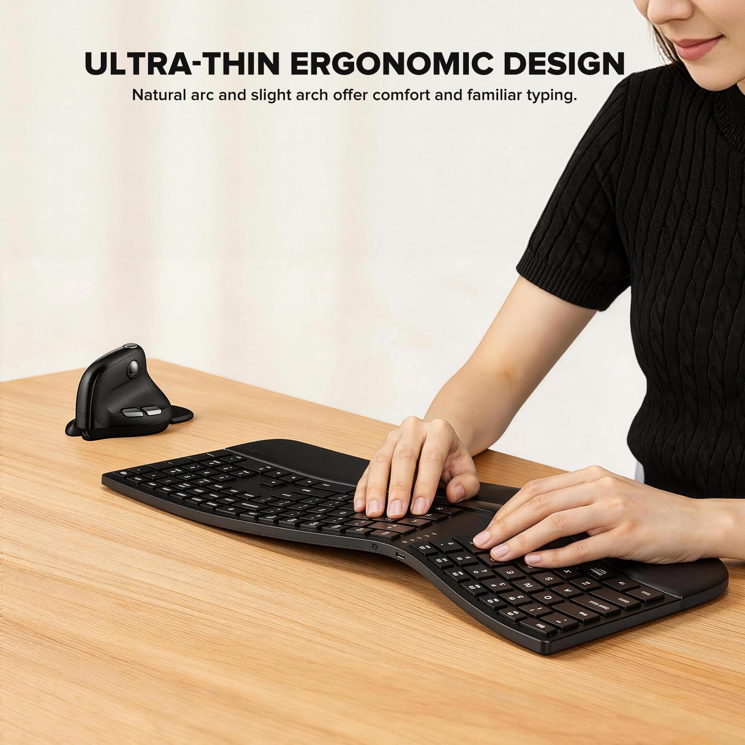 (Upgraded) DELUX Ergonomic Wireless Keyboard w Cushioned Wrist Rest, Wave Keys, 2.4GHz & Bluetooth Connection, Full Size Wireless Rechargeable Computer Keyboard for Windows, Mac OS, Laptop, PC (GM909) — view 2