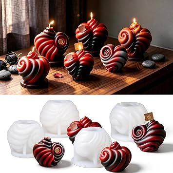 4Pcs Swirl Heart Silicone Mold, Romantic Love Epoxy Mold for Aromatherapy Candle Soap, 3D Twisted Wave Heart Figurine Molds DIY Valentine Desktop Decor