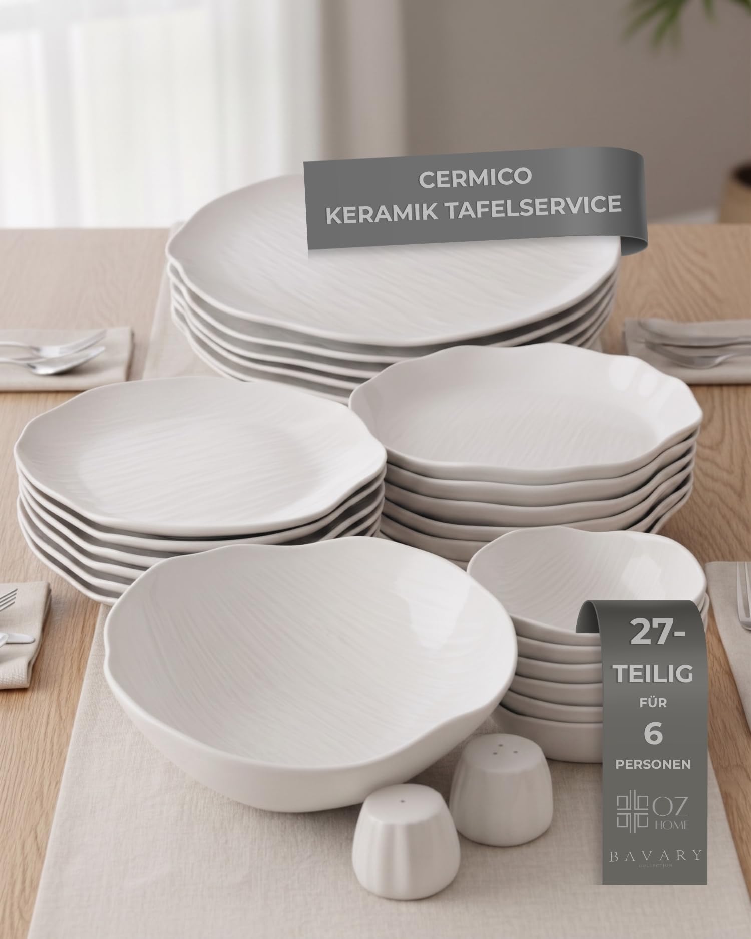 Keramik Geschirrset 27-teilig für 6 Personen – BAVARY Cermico – Weißes Tafelservice mit Wellenrand im Scandi-Look, Tellern & Schalen – spülmaschinenfest & mikrowellengeeignet