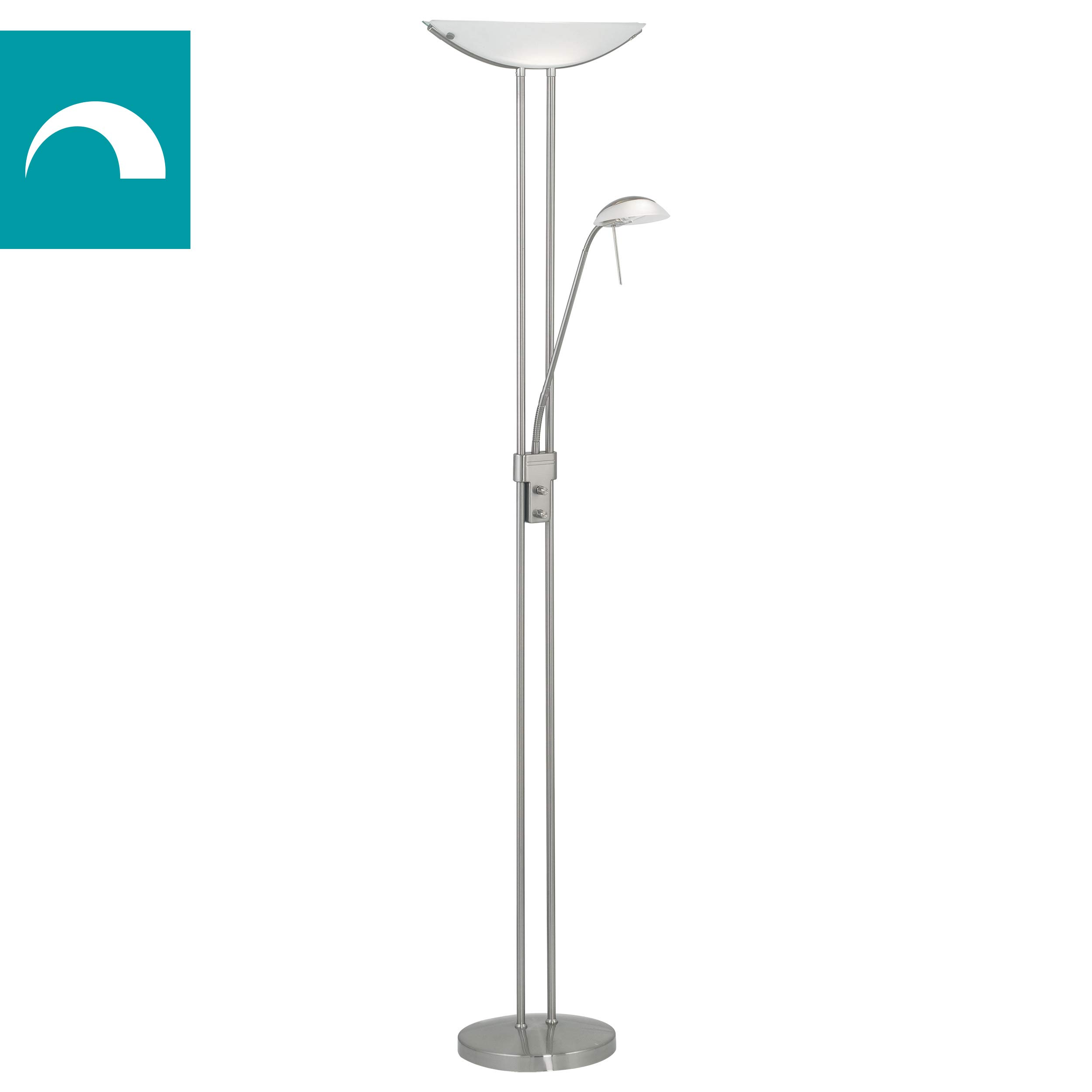 EGLO LED Stehlampe Baya, 2 flammige Stehleuchte dimmbar, Standleuchte aus Metall in Nickel-Matt und Glas in Weiß, Wohnzimmerlampe, Deckenfluter mit Leselampe, warmweiß