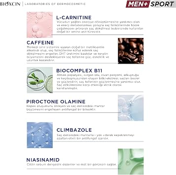 Bioxcin Men+ Sport Kepek + Saç Dökülmesine Karşı Şampuan | L-Carnitine, Kafein, BioComplex B11 | 500 ml | Tüm Saç Tipleri İçin