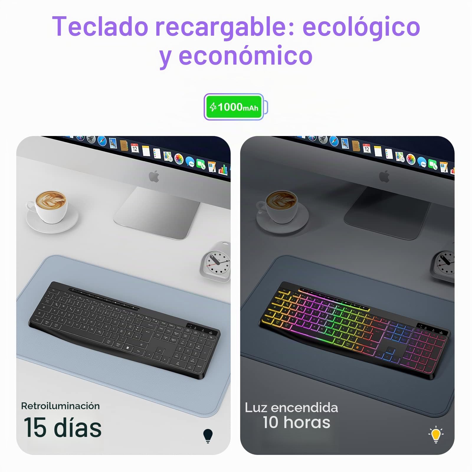 TECURS Teclado Gaming Inalámbrico QWERTY - Silencioso, Ergonómico, Impermeable, 2.4Ghz LED Iluminado para PC/Ordenador/Mac/Windows Con Teclas Multimedia (DE-Layout)