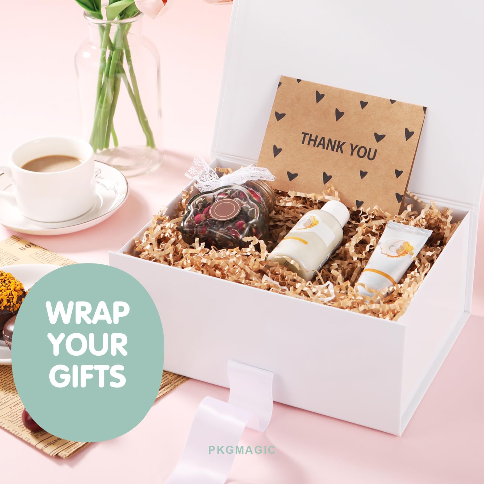 PKGMAGIC 6 Geschenkboxen mit Schleife, 22,8 x 16,5 x 9,6 cm, weiße Geschenkboxen mit Deckel und Band, Geschenkboxen von Lady d'Ehren, magnetische Geschenkboxen für Geschenke