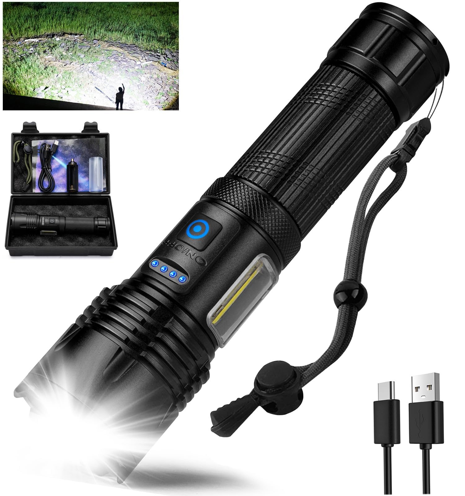 Flashlight High Lumens Rechargeable LED: 990,000 Lumen Super Bright Flashlights, Powerful Tactical Flashlights, 7 Modes with COB Light, IPX6 Waterproof Flash Light for Camping, Emergencies