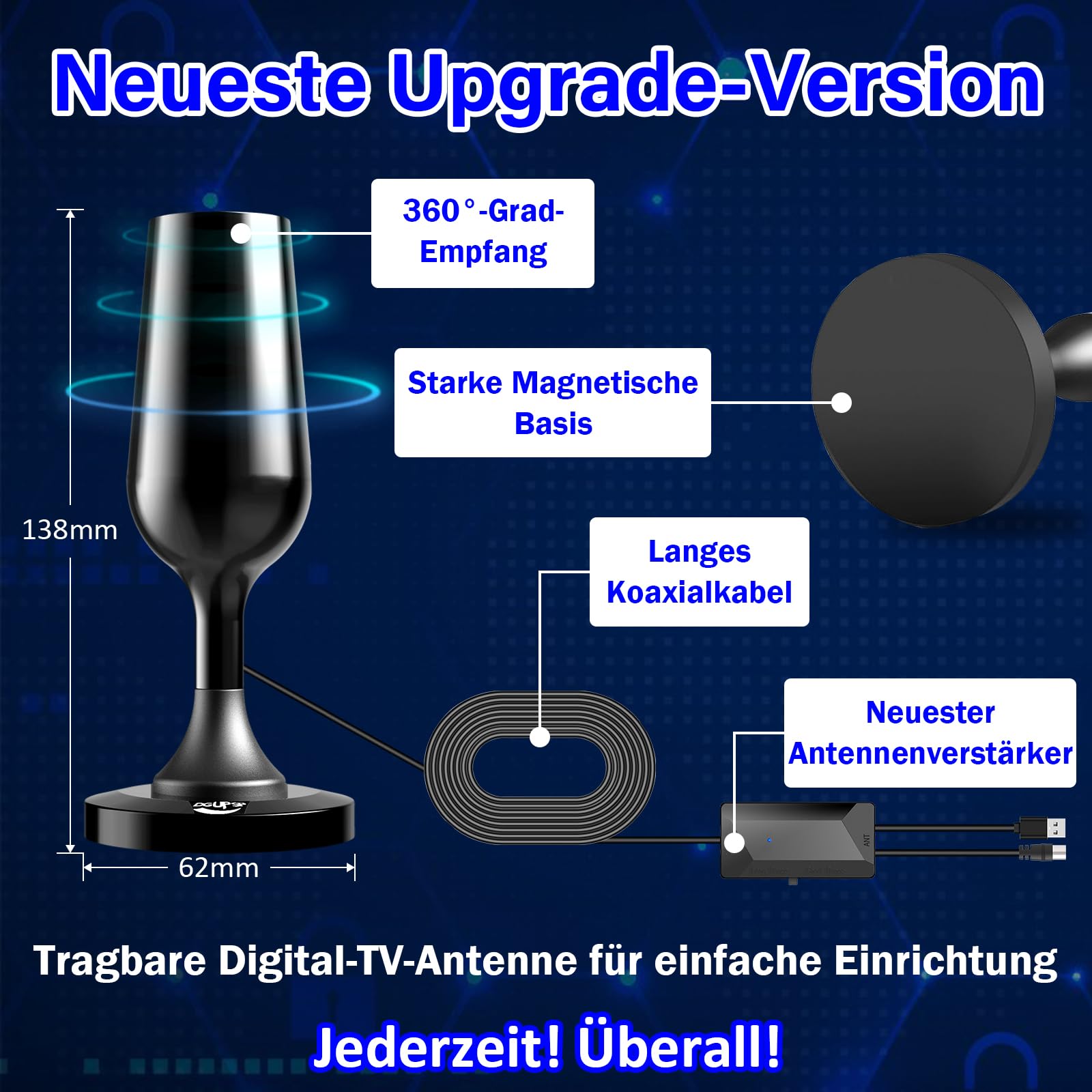 Antena DVBT2, antena DVB-T y DVB-T2 con amplificador, gran alcance y recepción de 360°, antena interior para televisores con base magnética fuerte, adecuada para 4K 1080p – Negro