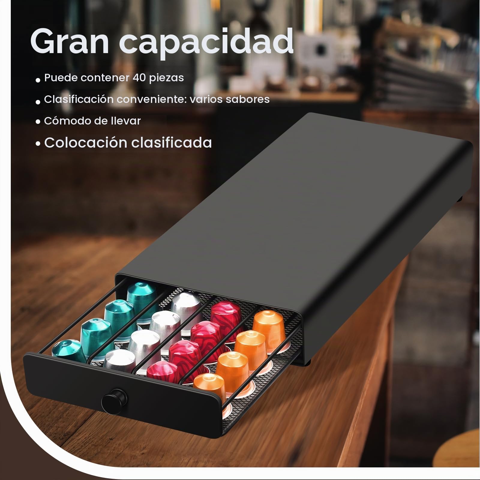 Soporte para Cápsulas de Café, Dispensador con Cajón de Metal - Capacidad 40 Cápsulas, para Casa, Oficina, Cocina - Incluye Paño de Limpieza, Negro