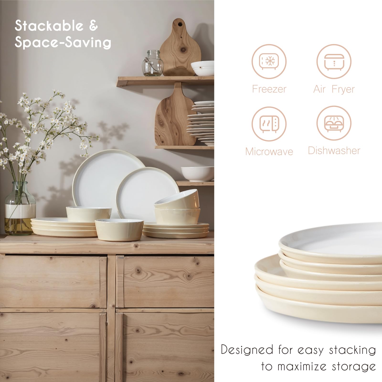 Porcelanowy serwis obiadowy dla 4 osób, 12 sztuk, rustykalny i nowoczesny design, 4 talerze obiadowe, 4 talerze deserowe, 4 miski na płatki, można myć w zmywarce, jasny beż