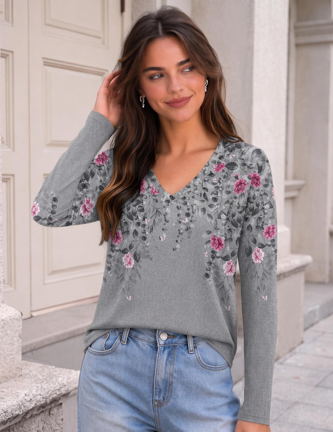  Womens Shirts Long Sleeve Tops V Neck Casual Basic Tee Fall Outfits thumbnail