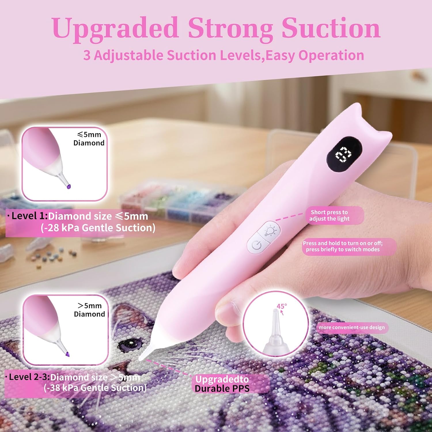 Wewod Electric Diamond Painting Pen, Rechargeable Cordless Vacuum Diamond Art Pen, 3 Brightness & Suction Levels, LED Display, No Wax Needed, Extra Tips Included for Diamond Art Kits for Adults -Pink