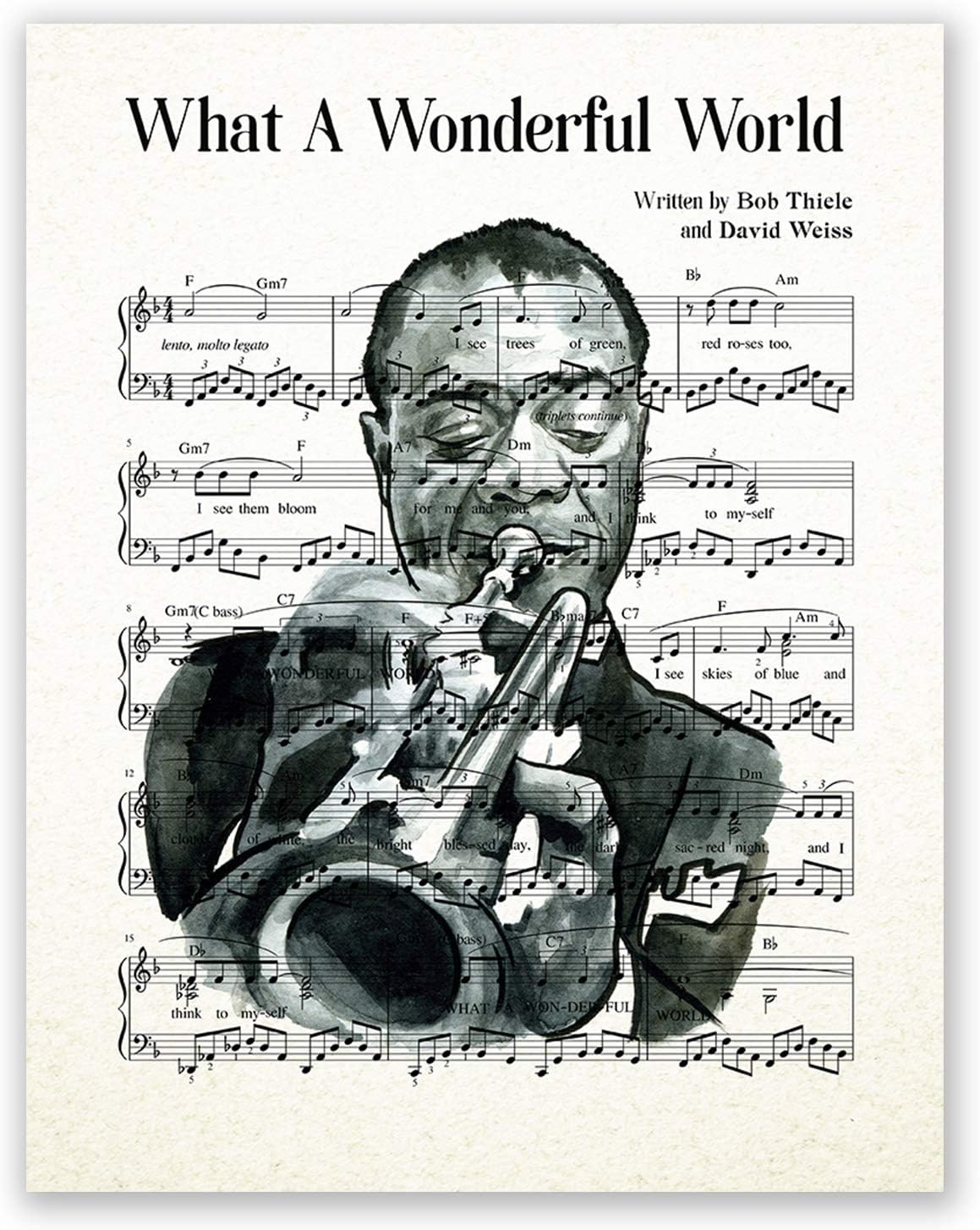 ATOZSTUDIO Louis Armstrong Poster // Jazz Music Sheet Wall Art Portrait // Home Decor Print // Black and White Artwork // Jazz Legend // Picture (8x10)