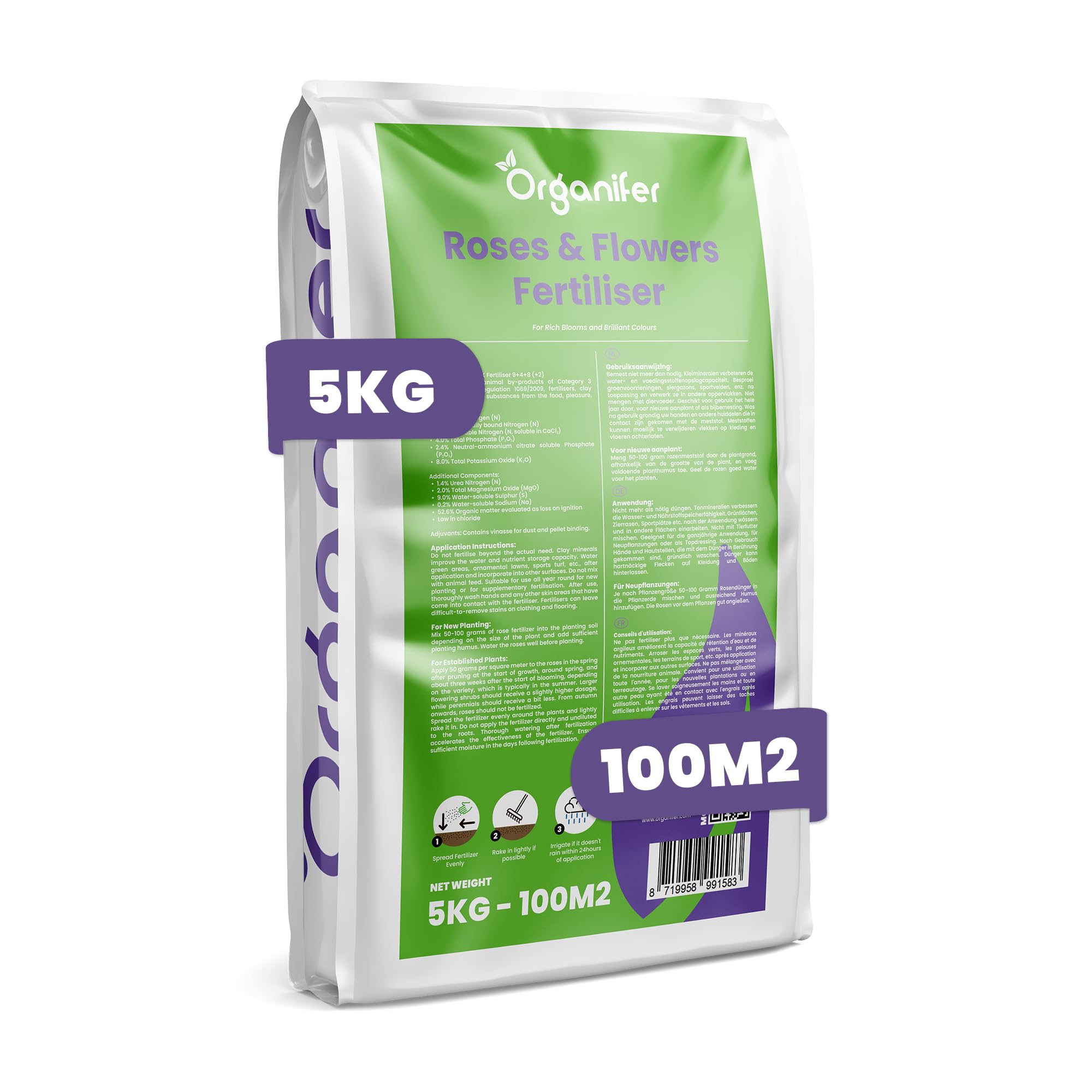 Engrais Pour Rosiers Et Fleurs - Tout-En-Un - 5 Kg Pour 100 M2 - Pour Vivaces Et Plantes À Fleurs - Nutrition Longue Durée, Couleurs Intenses, Racines Fortes Et Floraison Abondante - Organifer