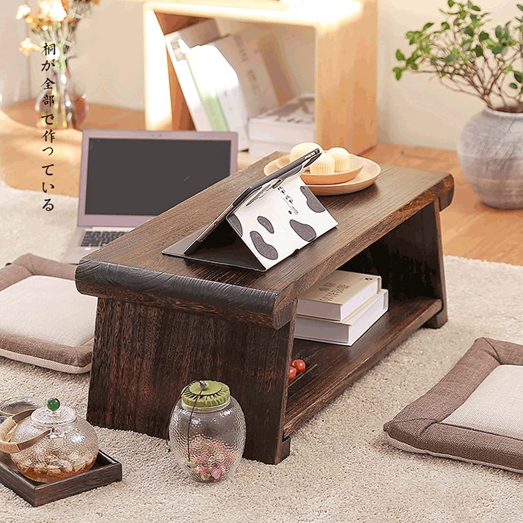 End Tables, Stolik kawowy 2-poziomowy z półką do przechowywania, retro japoński stolik do herbaty, stolik tatami do salonu, okno wykuszowe (kolor: ciemnobrązowy, rozmiar: 68 * 35 * 28 cm)